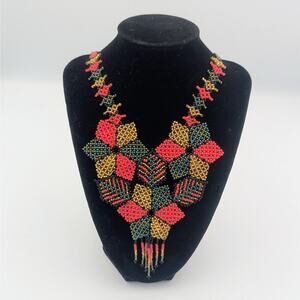 Handwoven Beaded Statement Necklace | 26” Tribal Boho Bib